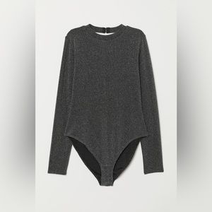 H&M Black Metallic Silver Mock Neck Open Back Long sleeve Bodysuit